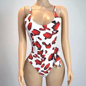 Red and White High Cut Women One-piece With Sash